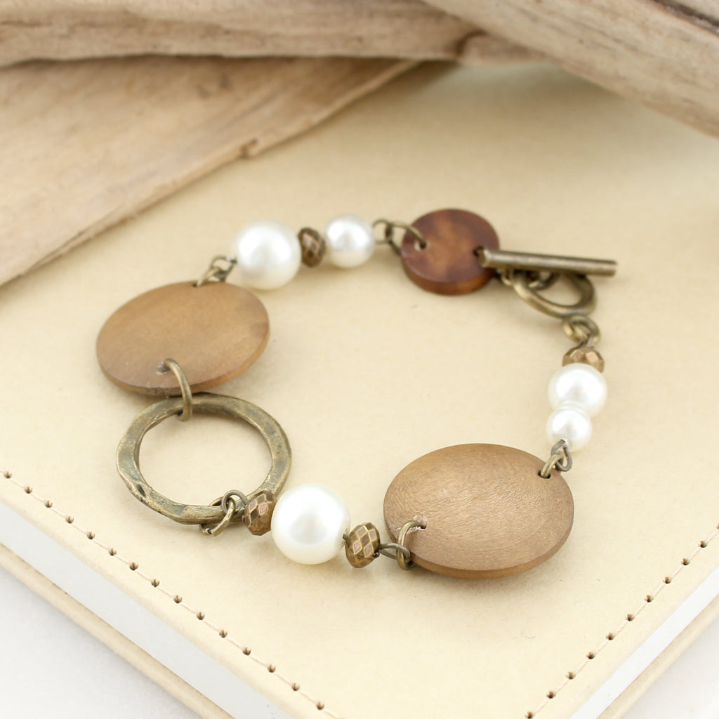 Wood Disc & Pearl Toggle Clasp Bracelet