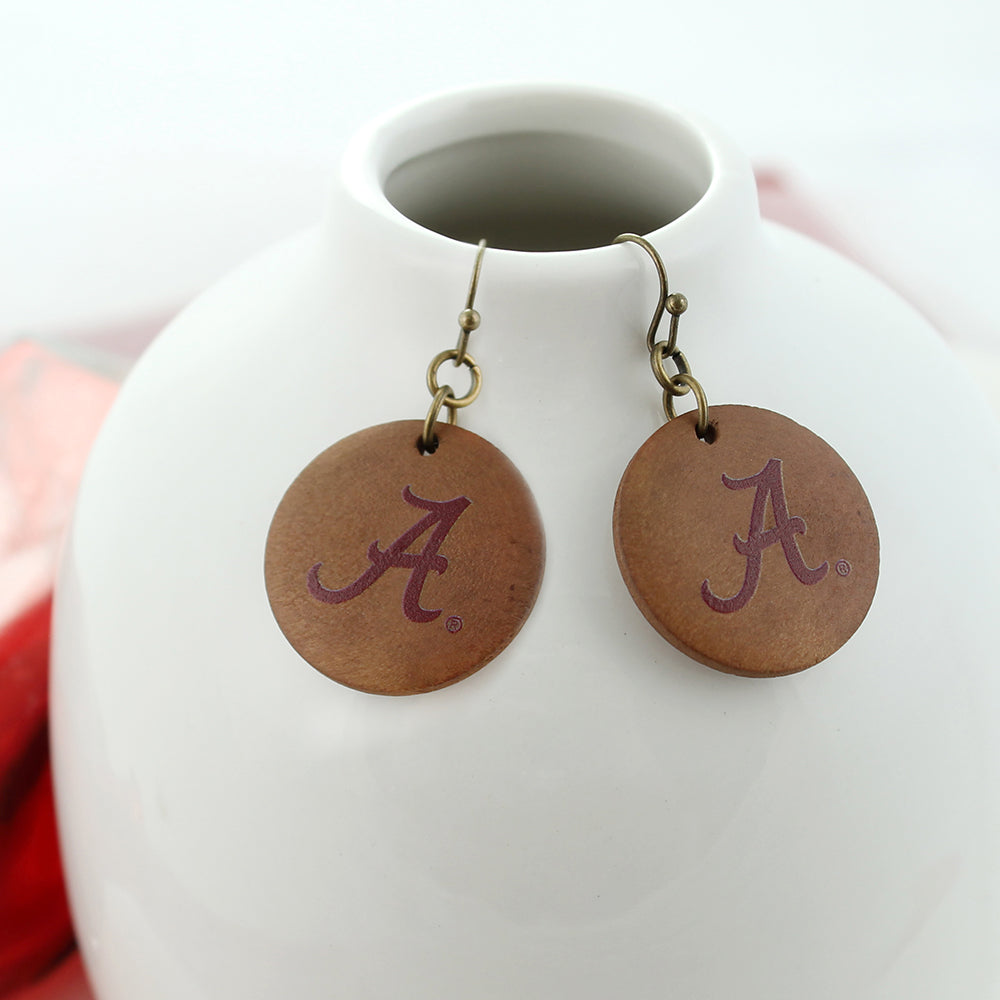 Alabama Logo Wood Disc Earrings