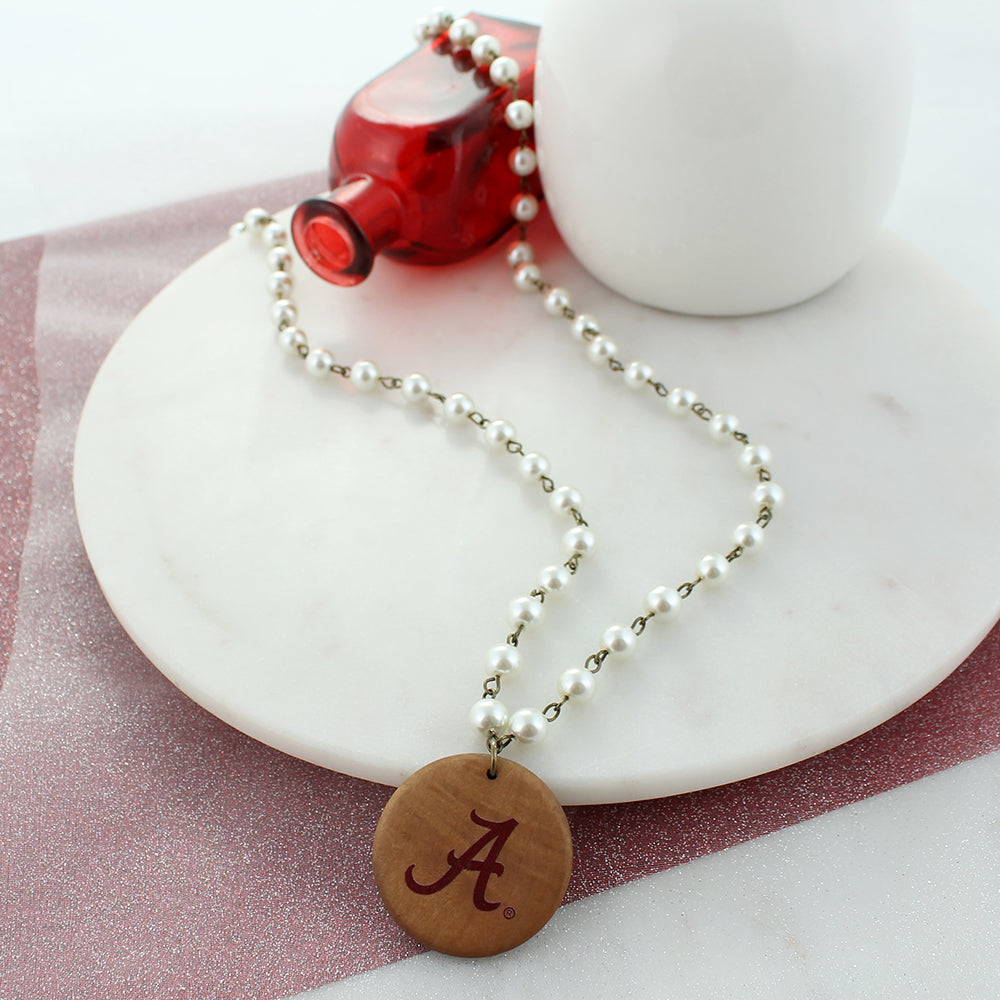 34” Alabama Logo Pearl & Wood Disc Necklace
