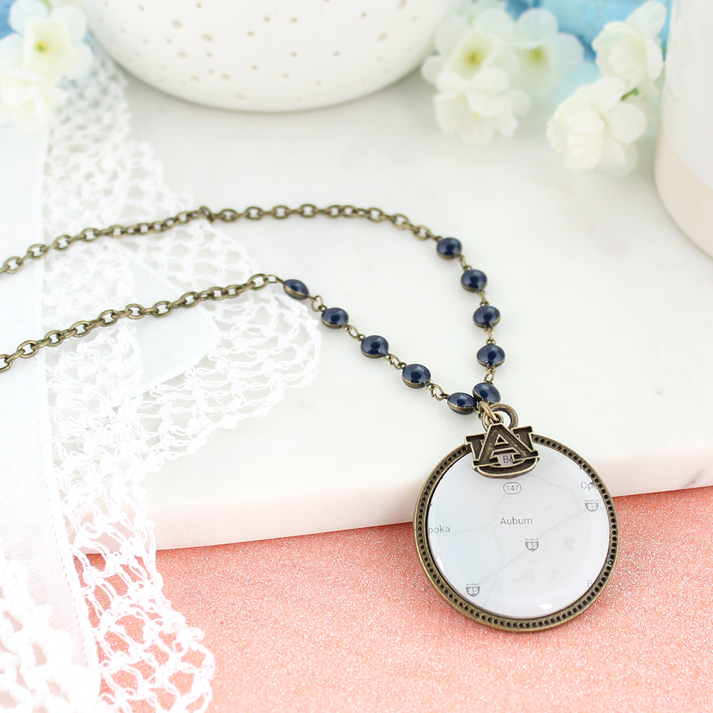 34” Auburn Vintage Style Logo and Map Necklace