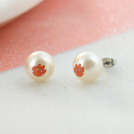 Clemson Logo Pearl Stud Earrings