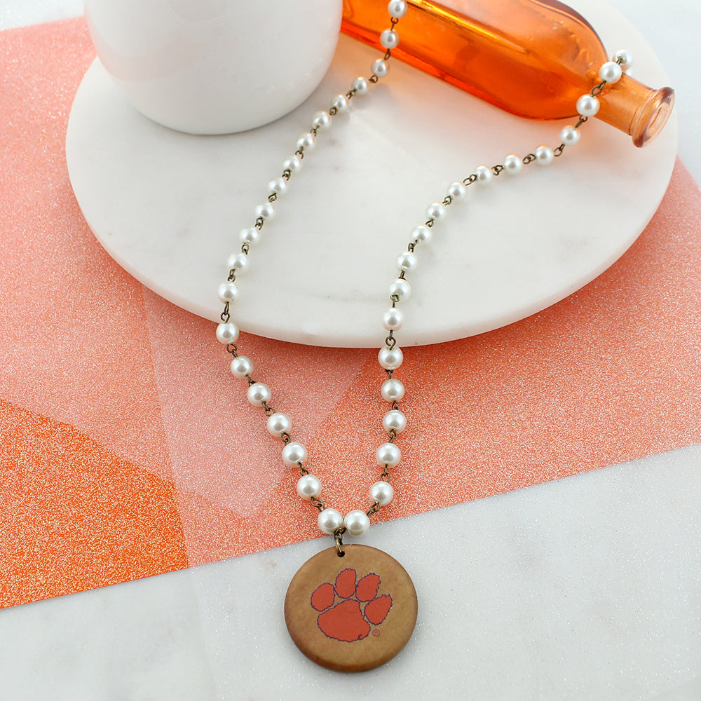34” Clemson Logo Pearl & Wood Disc Necklace