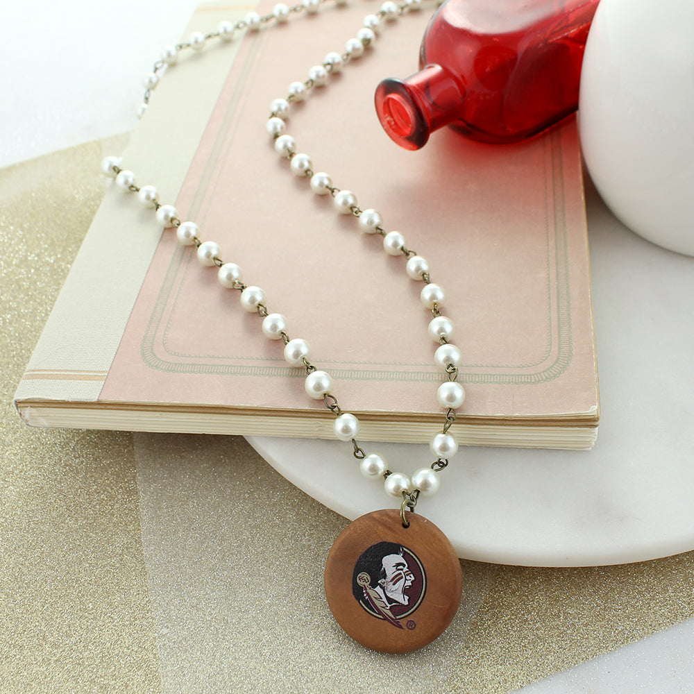 34” Florida State Logo Pearl & Wood Disc Necklace