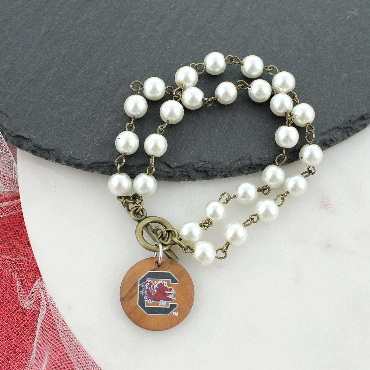 South Carolina Logo Pearl & Wood Disc Toggle Bracelet