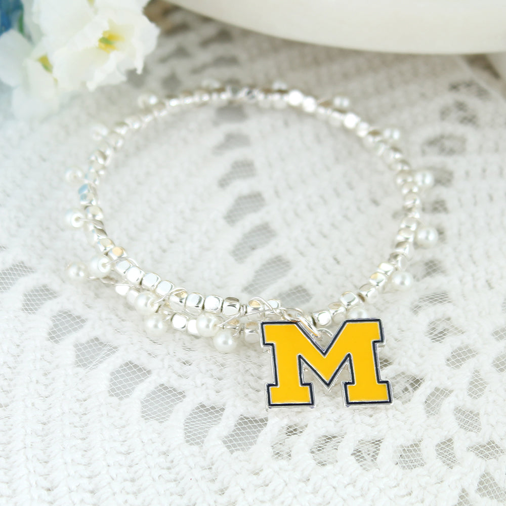 Michigan Enamel Logo & Pearl Bracelet