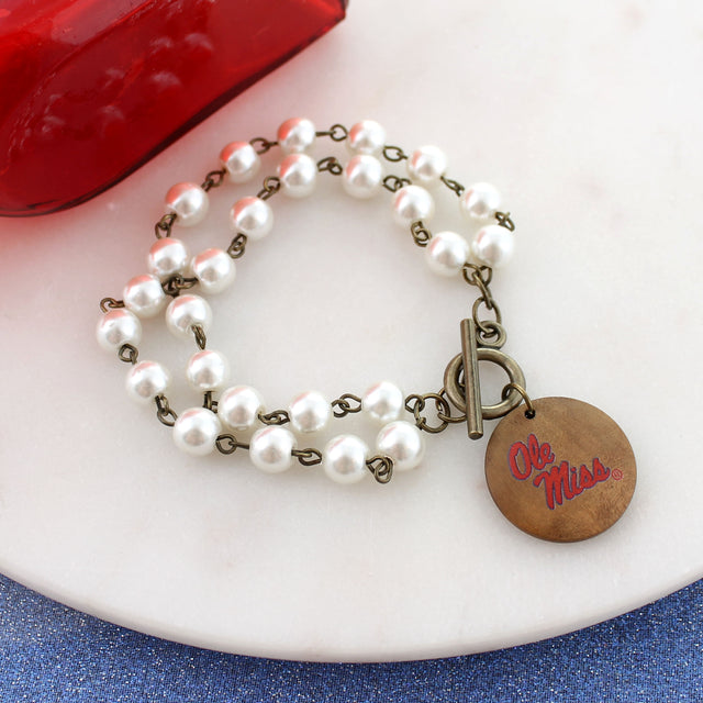 Mississippi Logo Pearl & Wood Disc Toggle Bracelet