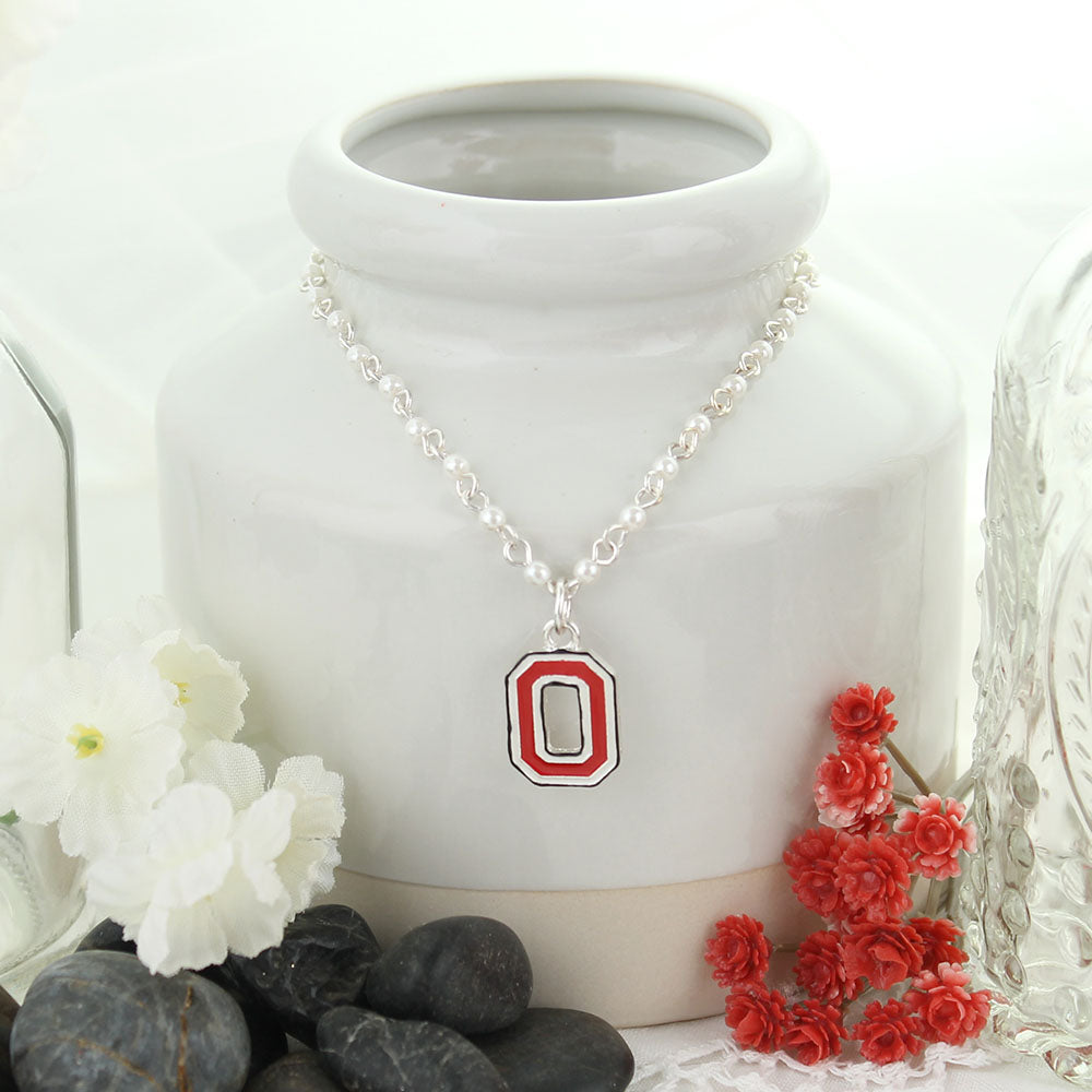 Ohio State Enamel Logo & Pearl Necklace