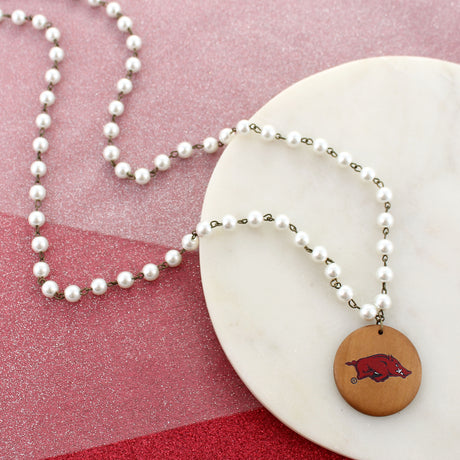 34” Arkansas Logo Pearl & Wood Disc Necklace