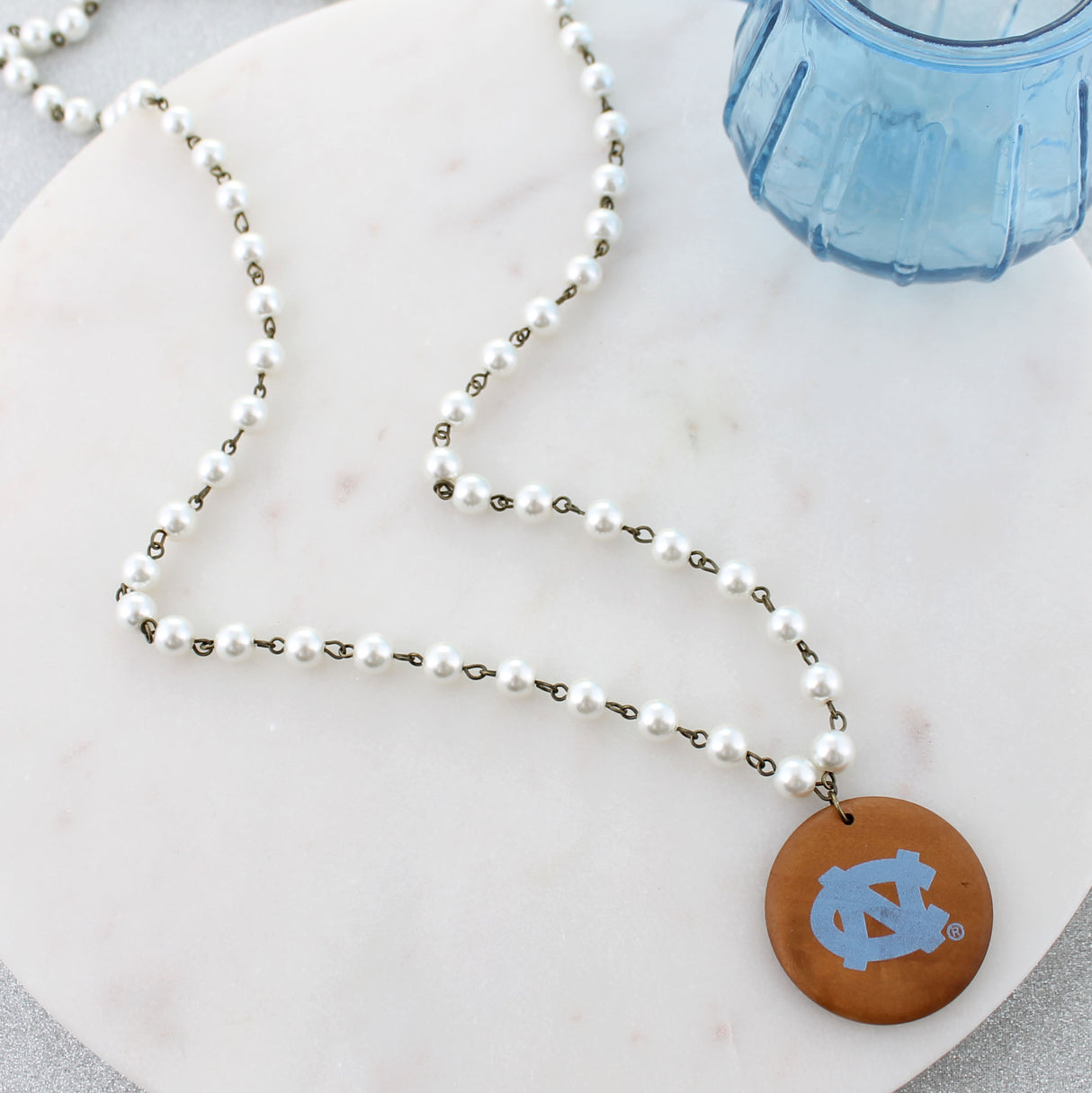 34” North Carolina Logo Pearl & Wood Disc Necklace