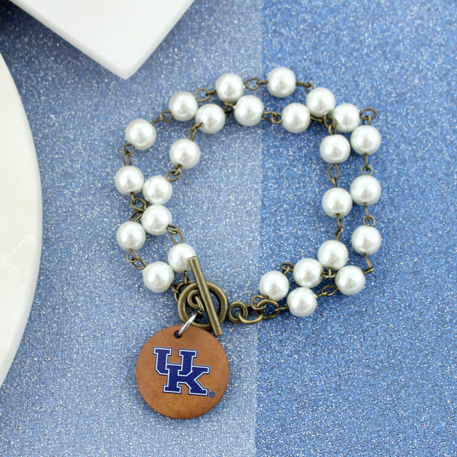 Kentucky Logo Pearl & Wood Disc Toggle Bracelet