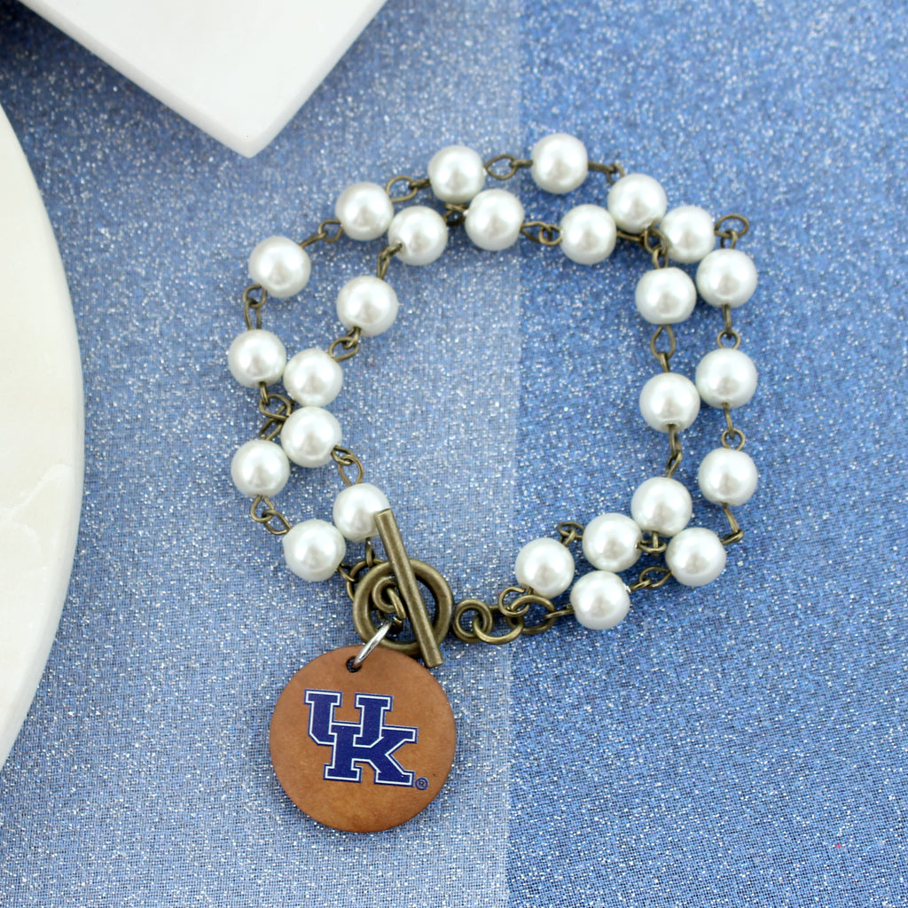 Kentucky Logo Pearl & Wood Disc Toggle Bracelet