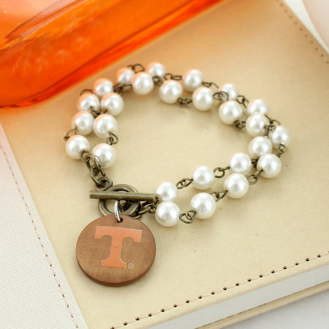 Tennessee Logo Pearl & Wood Disc Toggle Bracelet