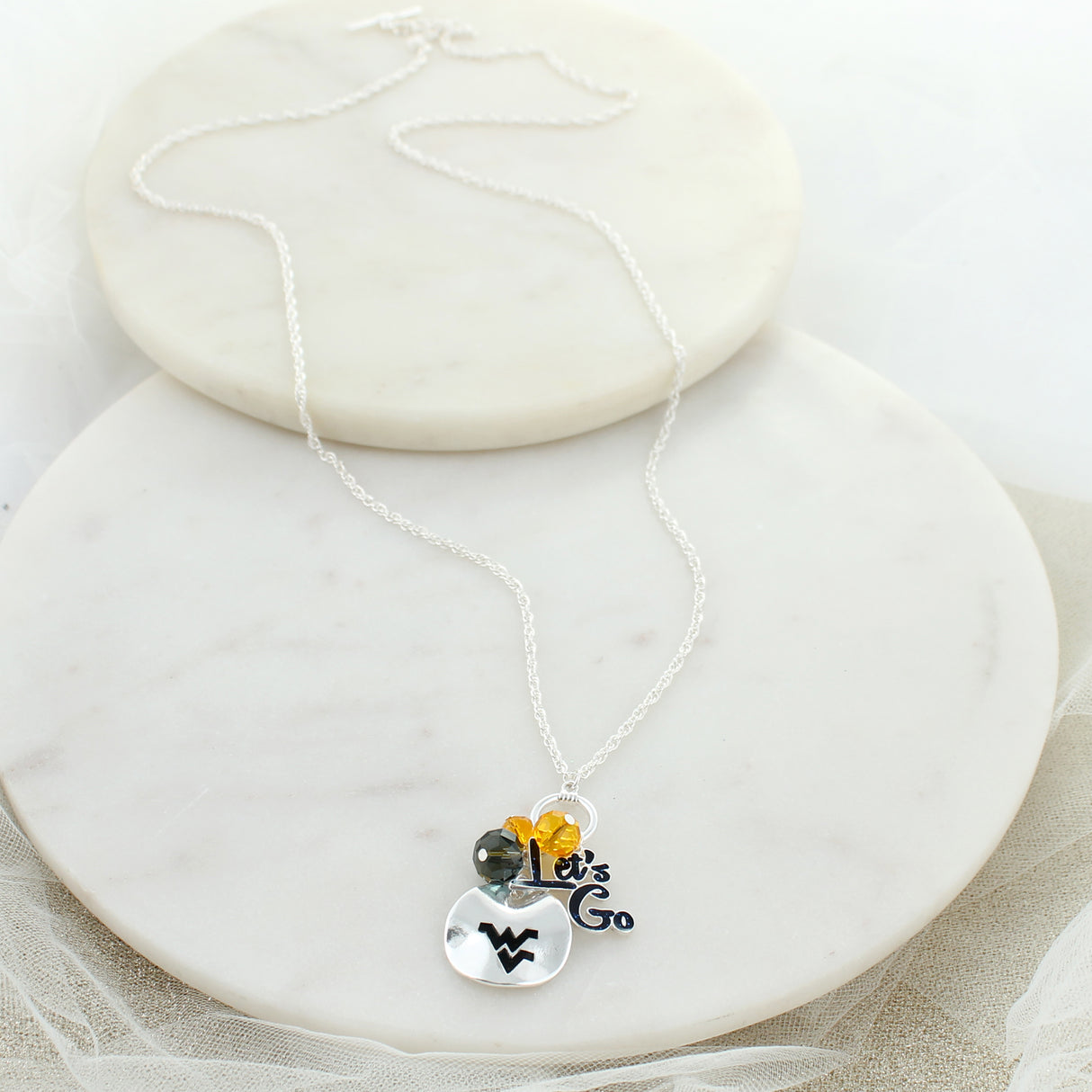 18 - 36” West Virginia Logo Disc & Slogan Cluster Convertible Necklace