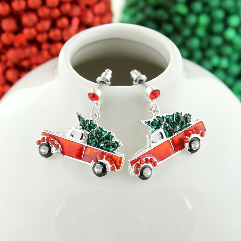 Red Pickup Truck & Christmas Tree Earrings