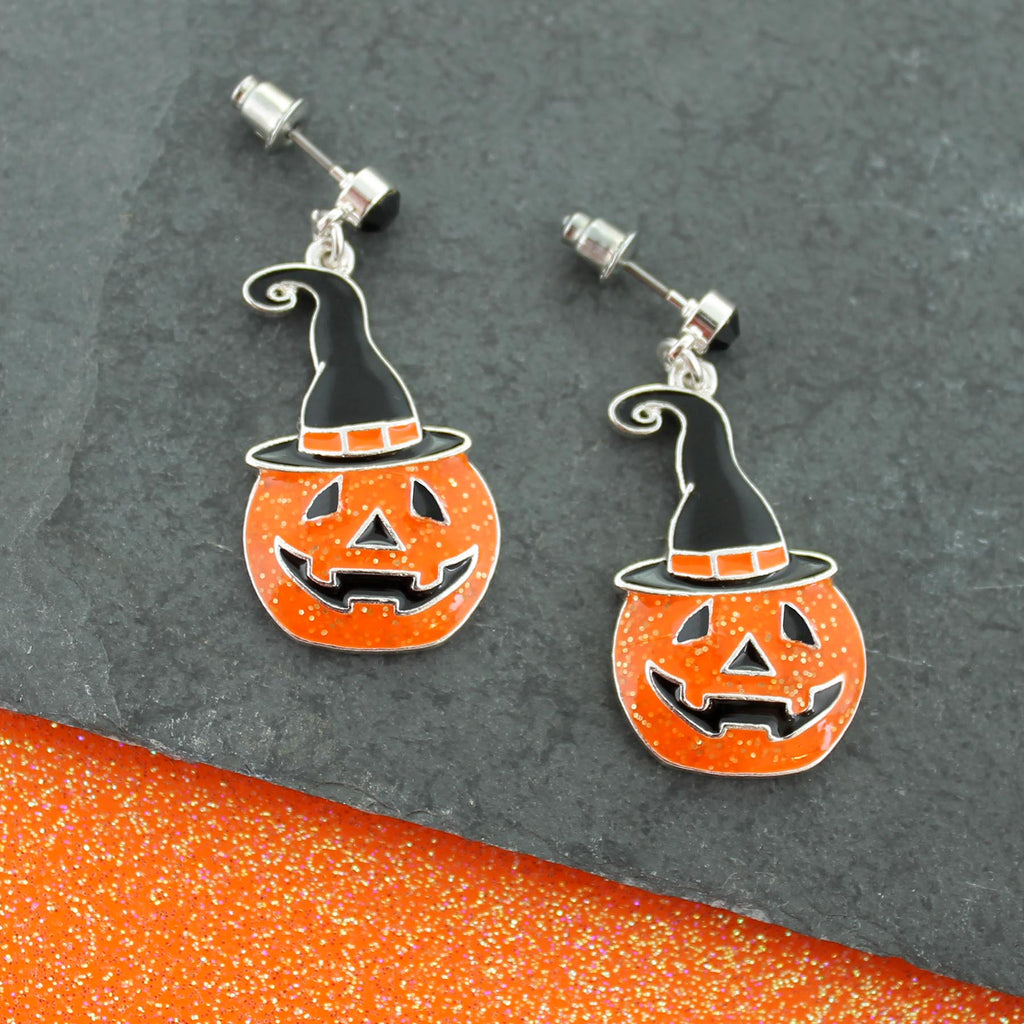 Enamel Witch Hat Jack-O-Lantern Halloween Earrings