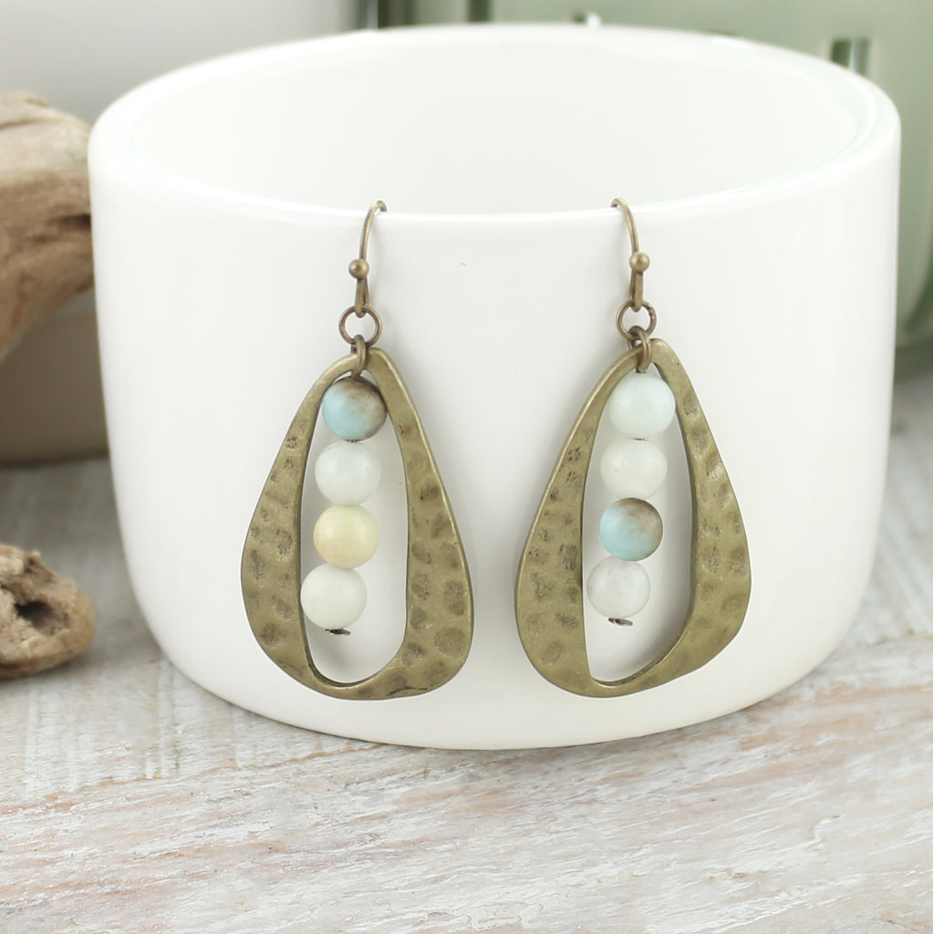 Hammered Oval & Stone Bead Earrings