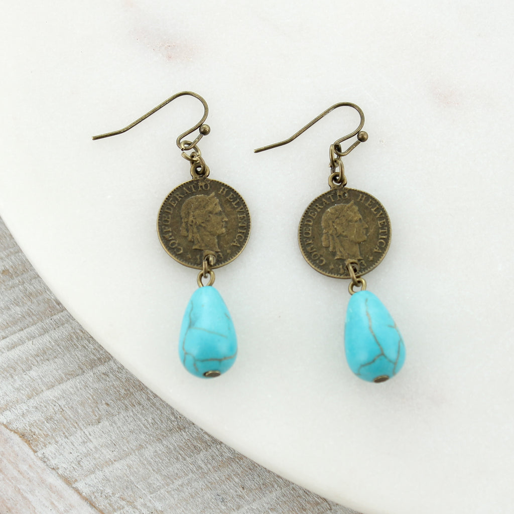 Turquoise Stone & Coin Earrings