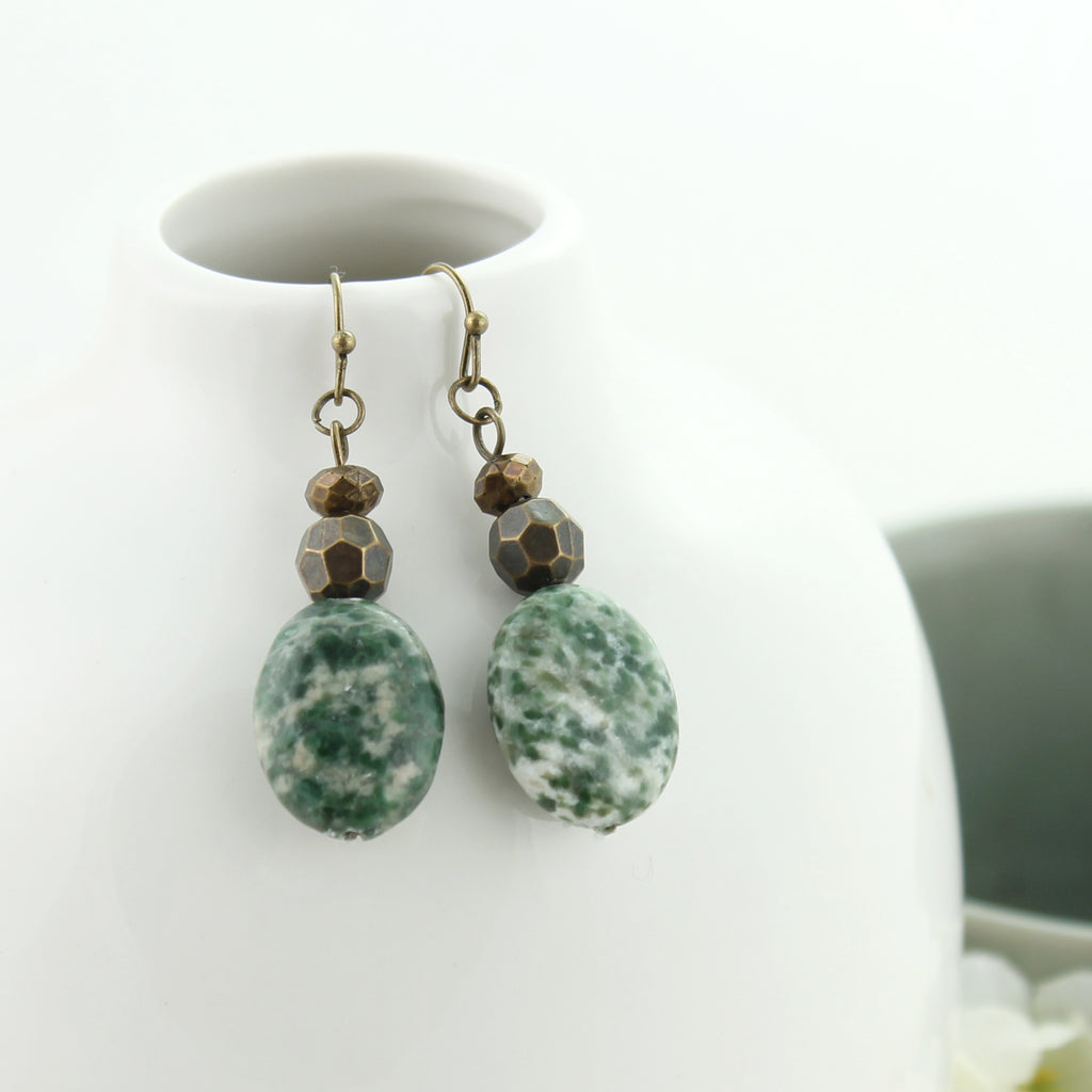 Green Stone & Vintage Bead Earrings