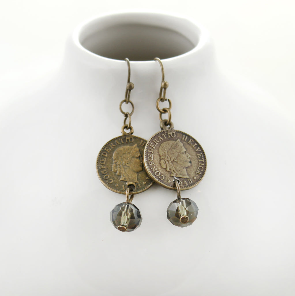 Smokey Taupe Crystal & Coin Earrings