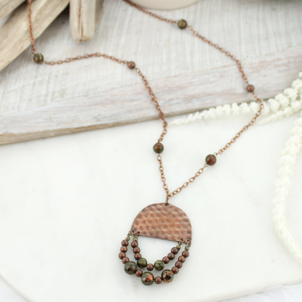 36” Hammered Copper Semi-Circle w/ Stone Beads Necklace