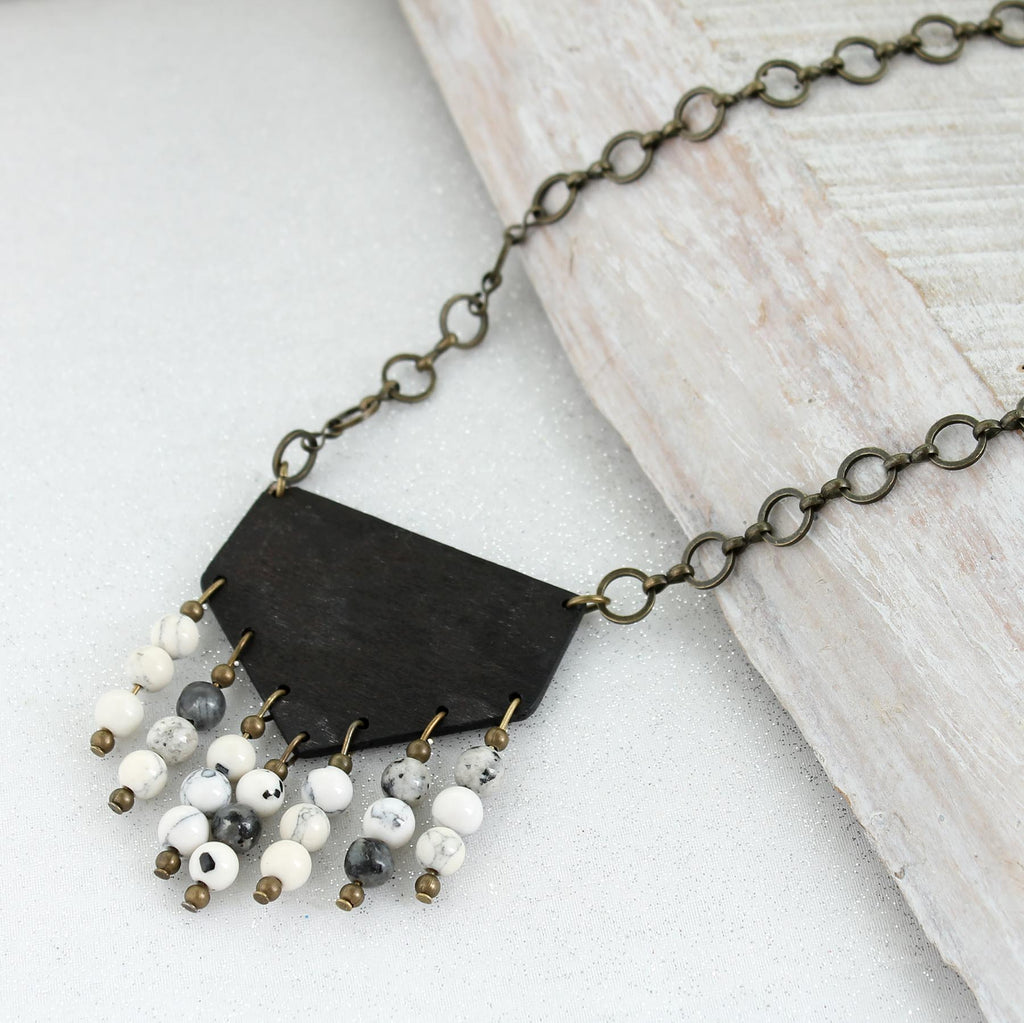 36” Dark Wood & Gray Stone Bead Necklace