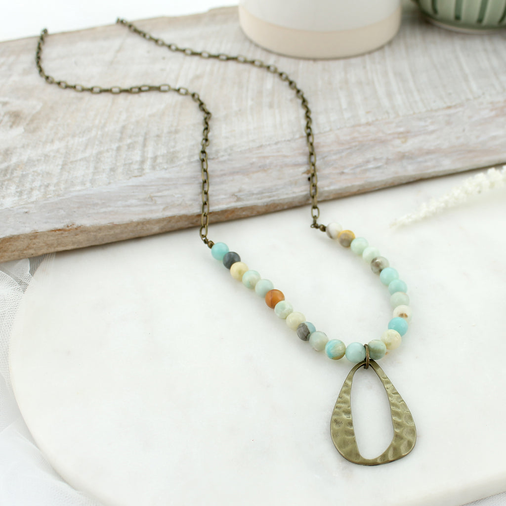 36” Hammered Oval & Stone Bead Necklace