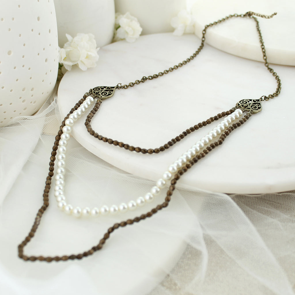 24 - 32” Layered Pearl & Vintage Filigree Necklace