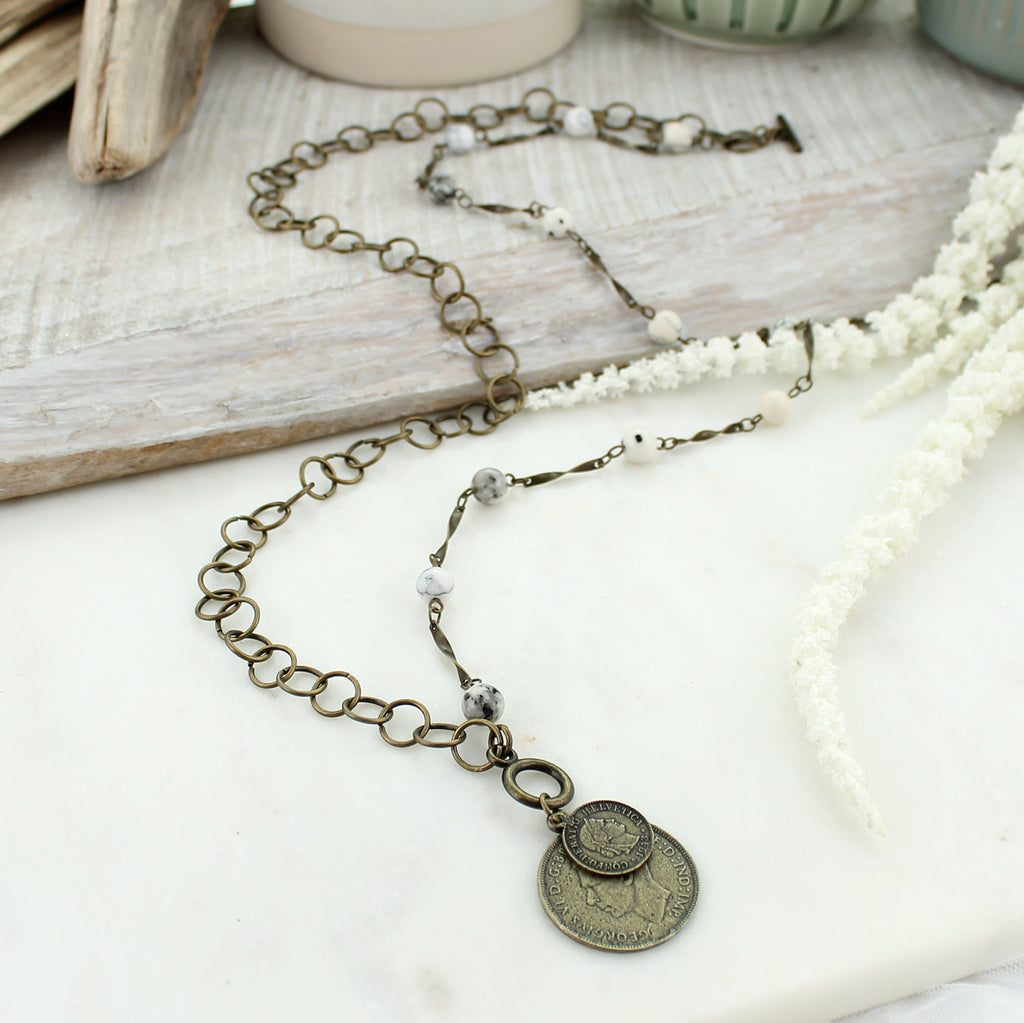 36” Stone Bead & Coins Convertible Necklace