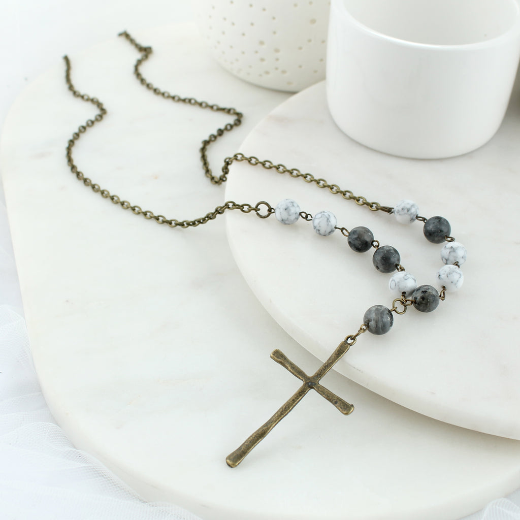 32” Rustic Cross & Gray Stone Necklace