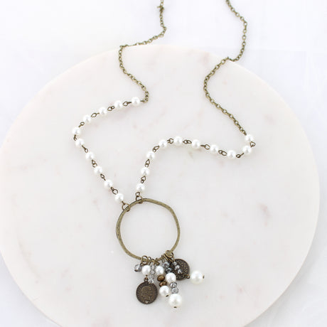 34” Vintage Coin & Pearl Loop Cluster Necklace