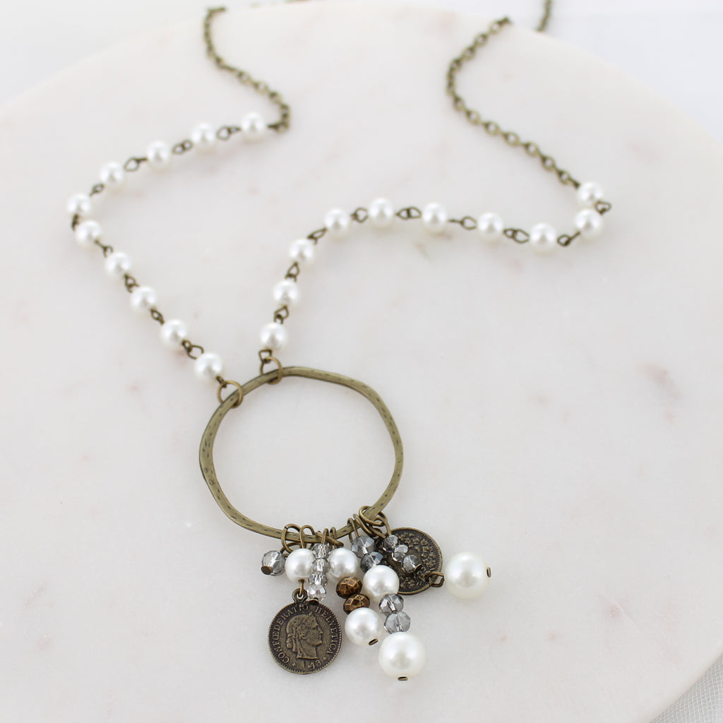 34” Vintage Coin & Pearl Loop Cluster Necklace