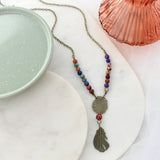 32" Vintage Feather & Multi-Colored Stone Bead Necklace