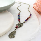 32" Vintage Feather & Multi-Colored Stone Bead Necklace