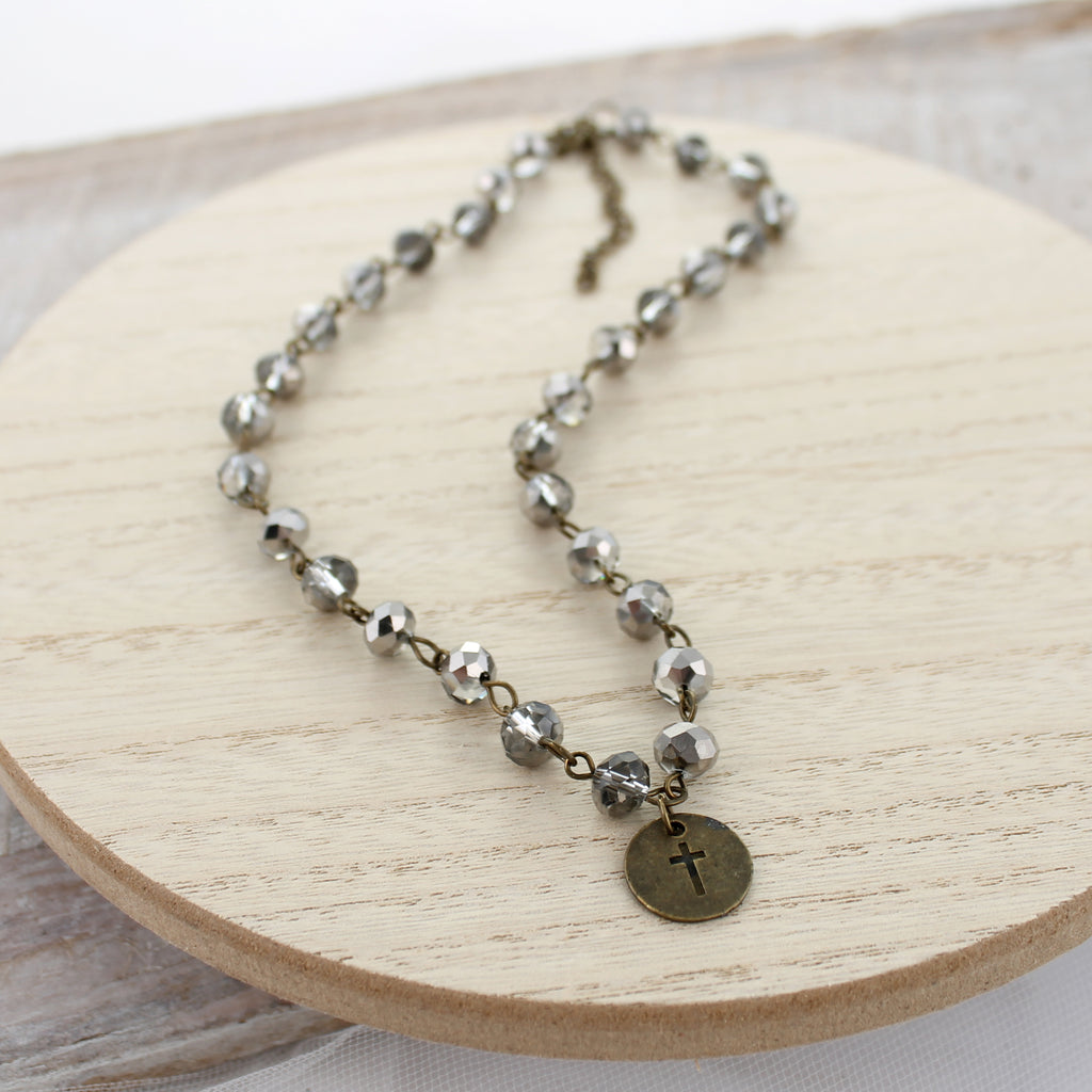 16 - 19" Gray Crystal & Cross Necklace