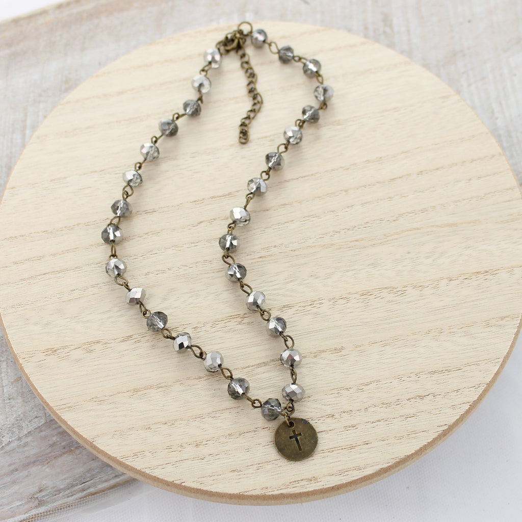 16 - 19" Gray Crystal & Cross Necklace