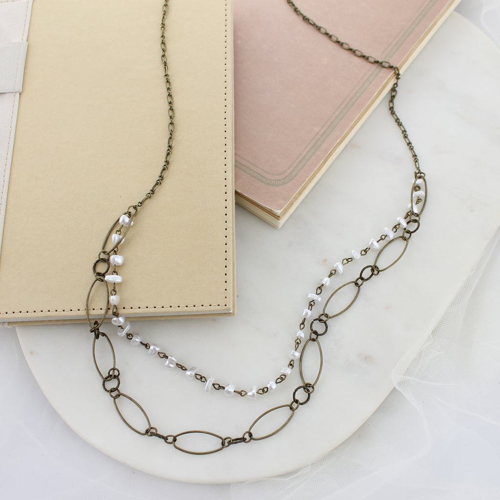 32/36" Vintage Chain & Freshwater Pearl Double Layer Necklace