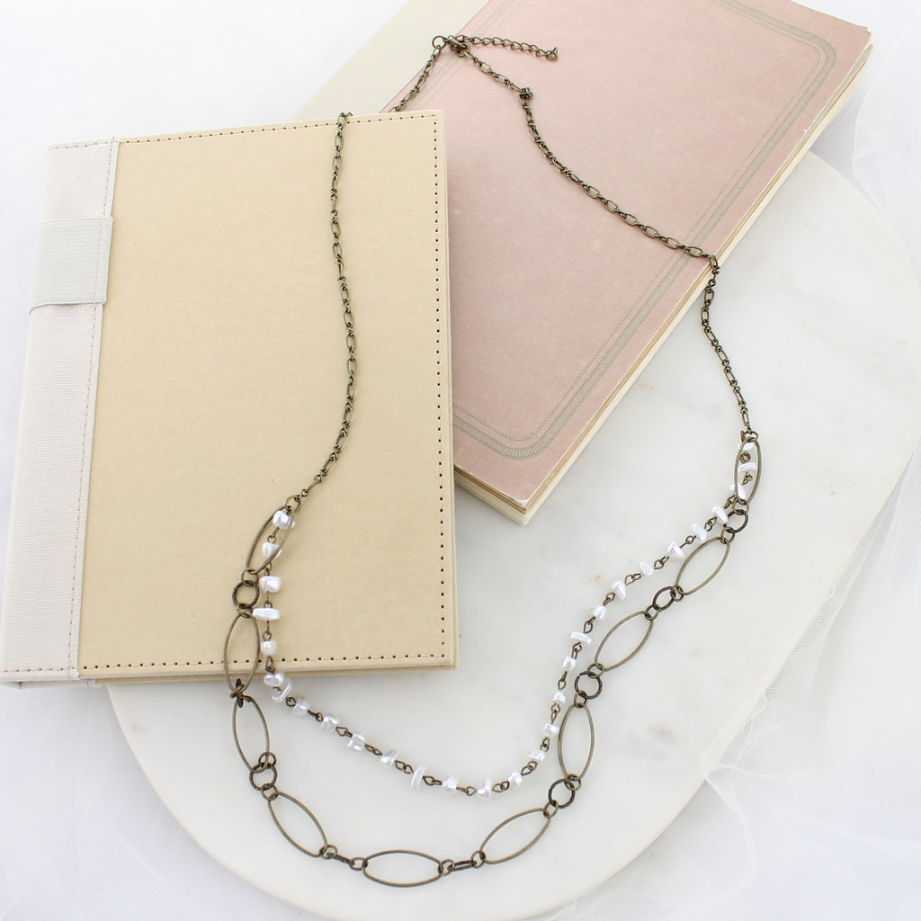 32/36" Vintage Chain & Freshwater Pearl Double Layer Necklace