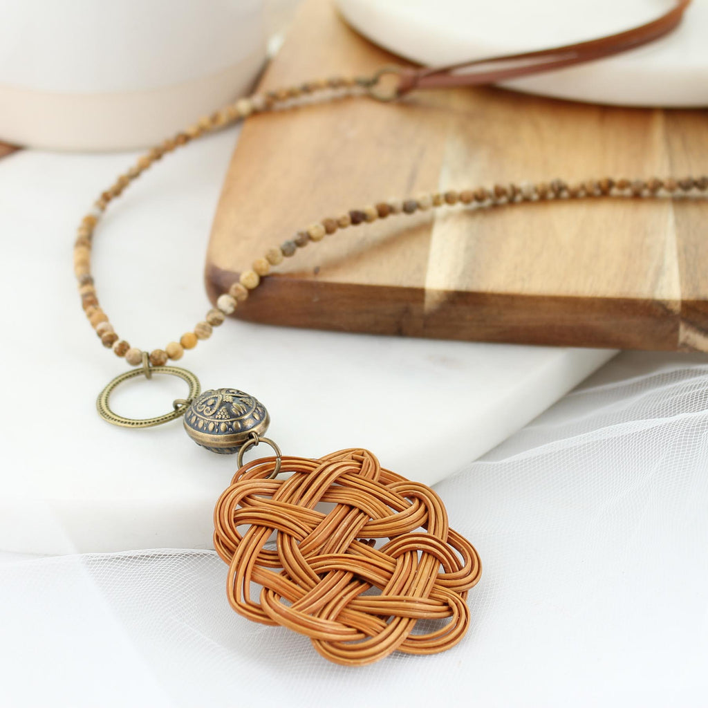 34” Stone & Leather Necklace w/ Basket Weave Pendant