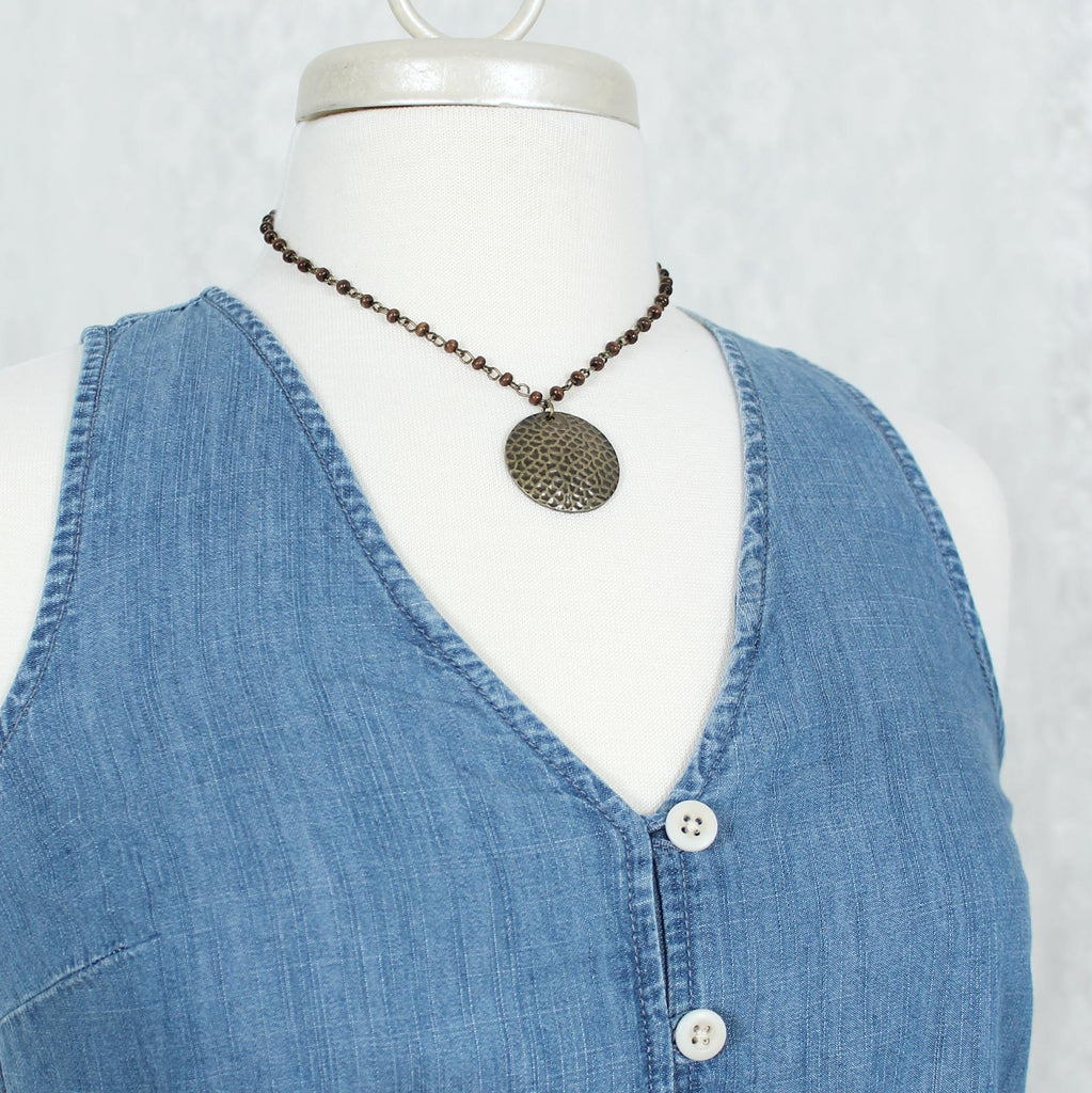 14 - 16” Wood Bead Chain Necklace w/ Vintage Hammered Disc