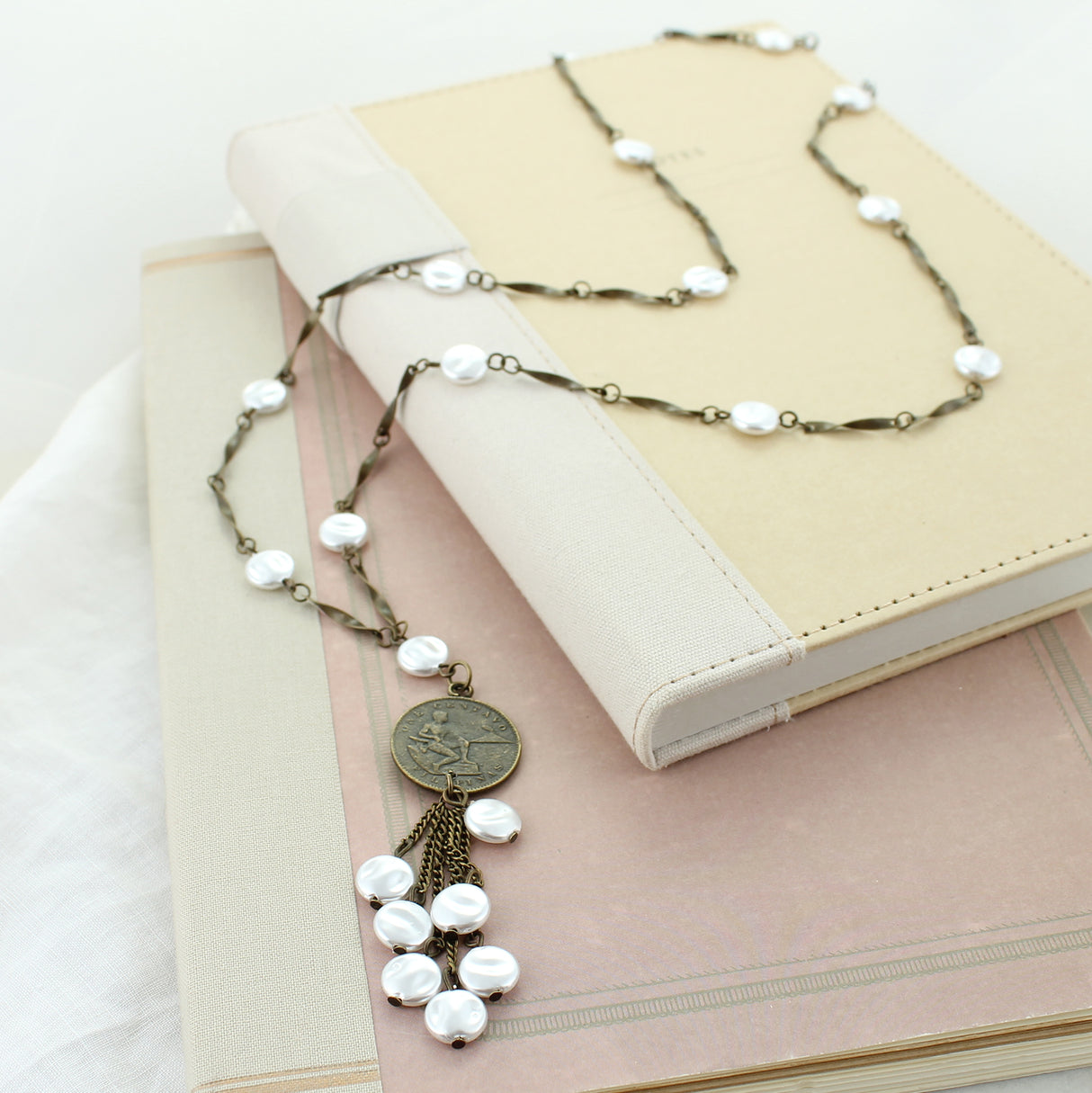 34” Flat Pearl & Coin Necklace