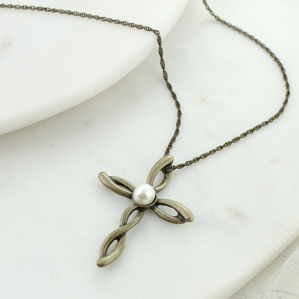 34” Pearl & Twisty Cross Necklace