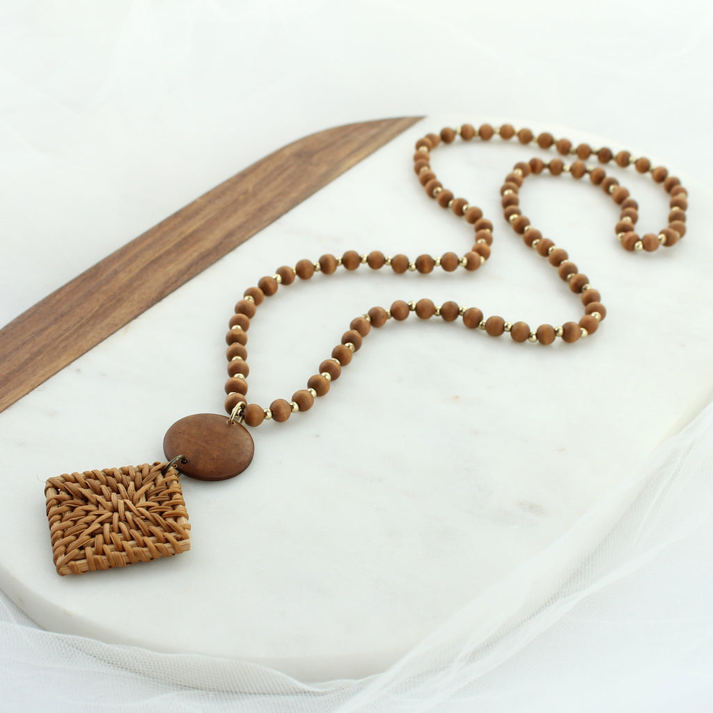 34” Wicker & Wood Bead Necklace