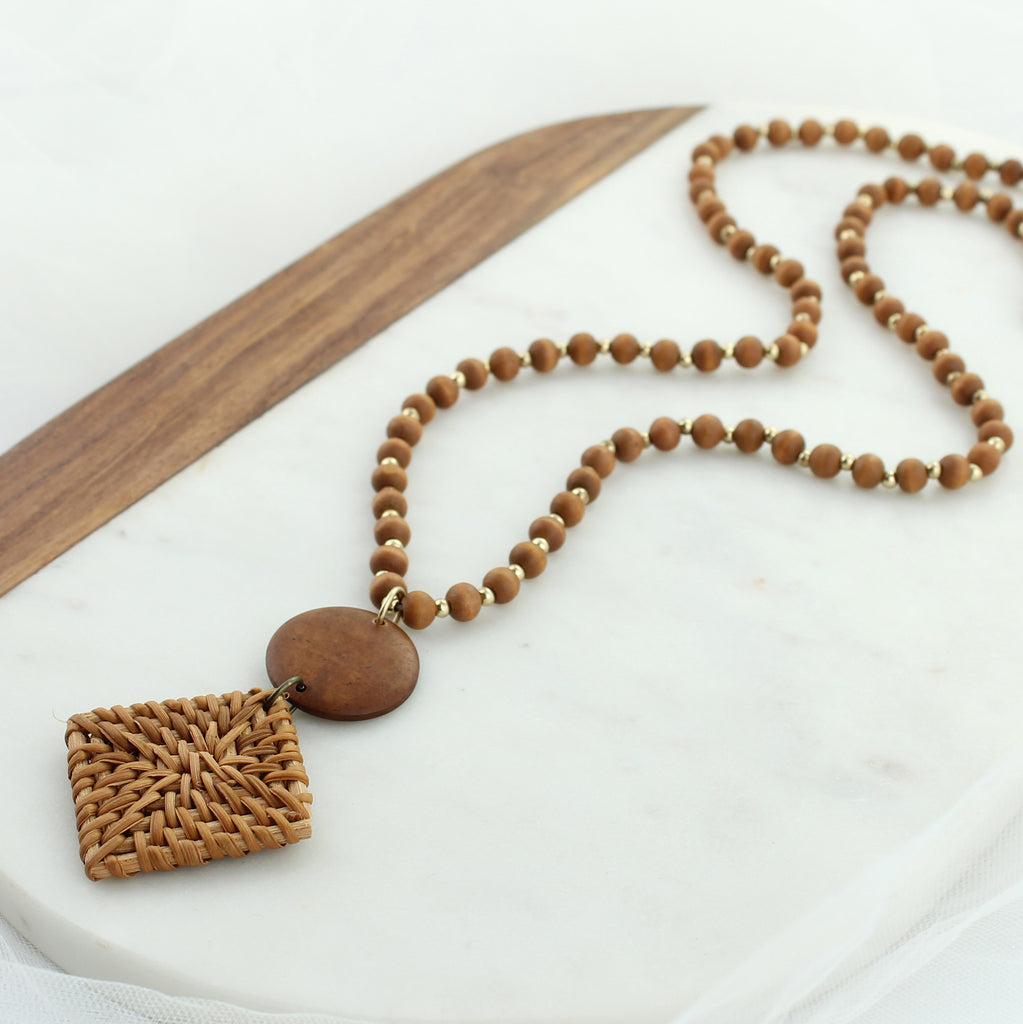 34” Wicker & Wood Bead Necklace