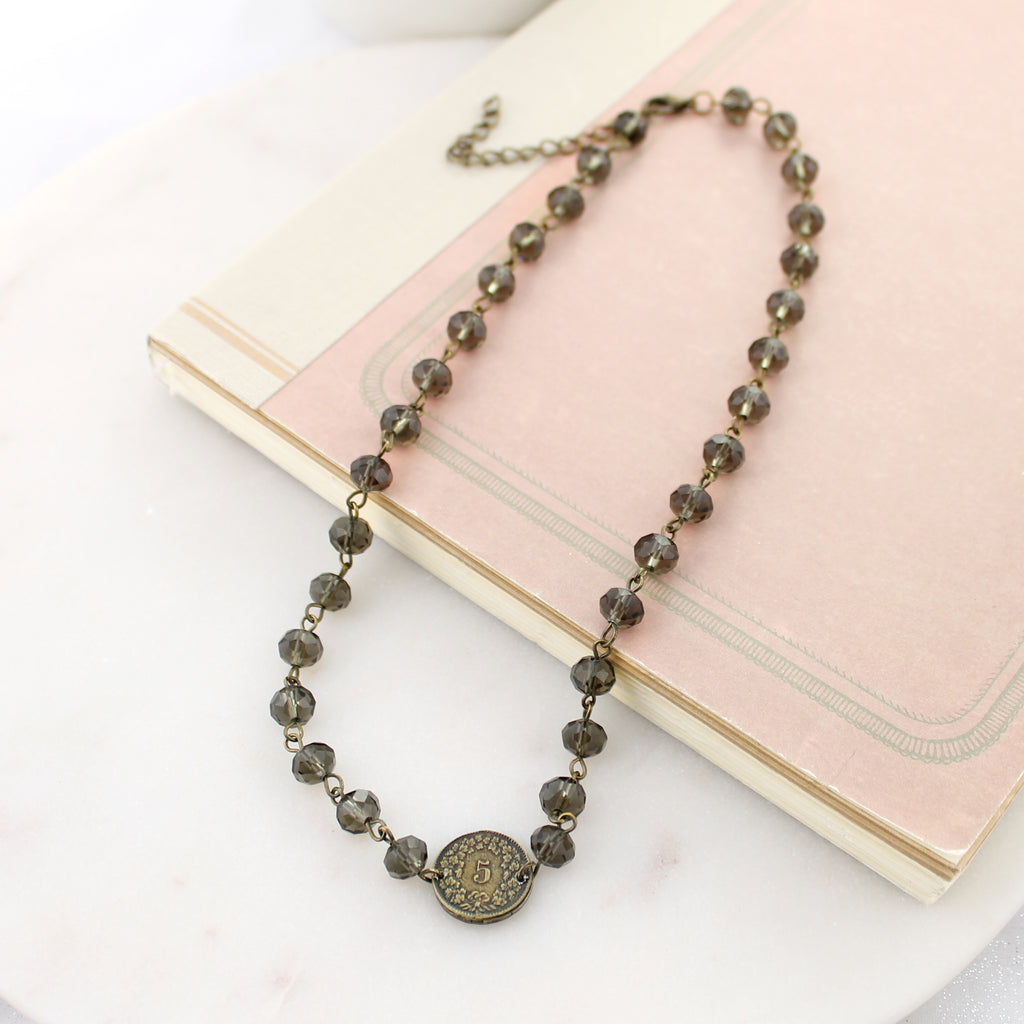 16 - 19" Smokey Taupe Crystal & Coin Necklace