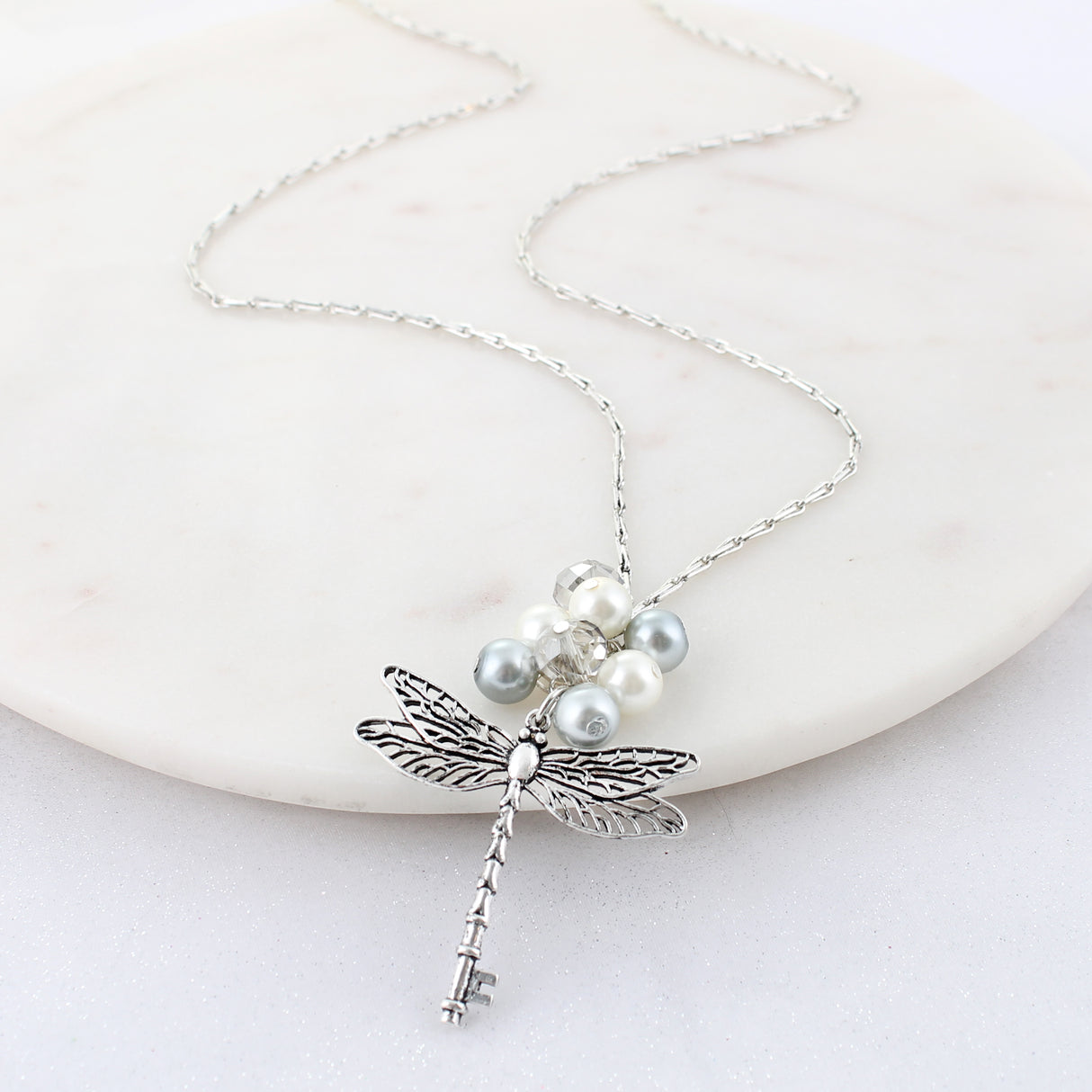 34" Silver & Pearl Dragonfly Key Necklace