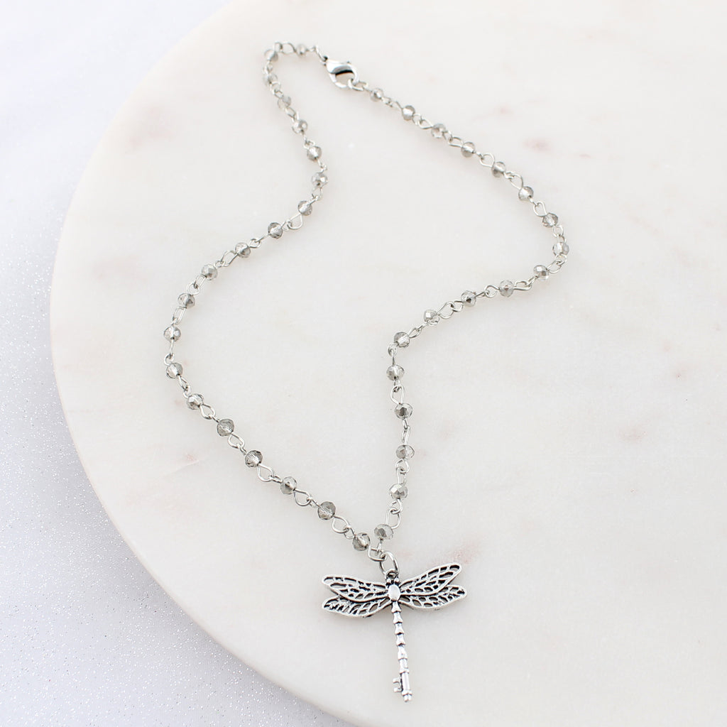 16" Silver & Crystal Dragonfly Key Necklace