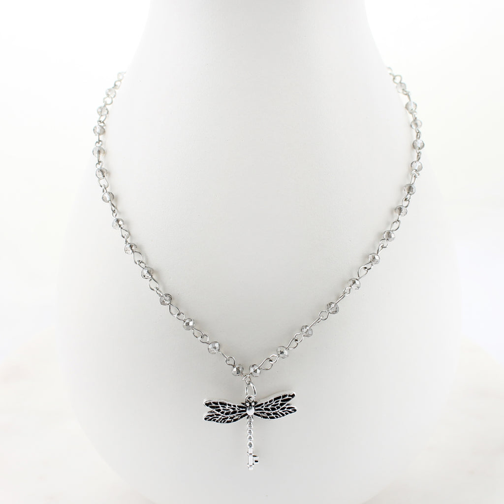 16" Silver & Crystal Dragonfly Key Necklace