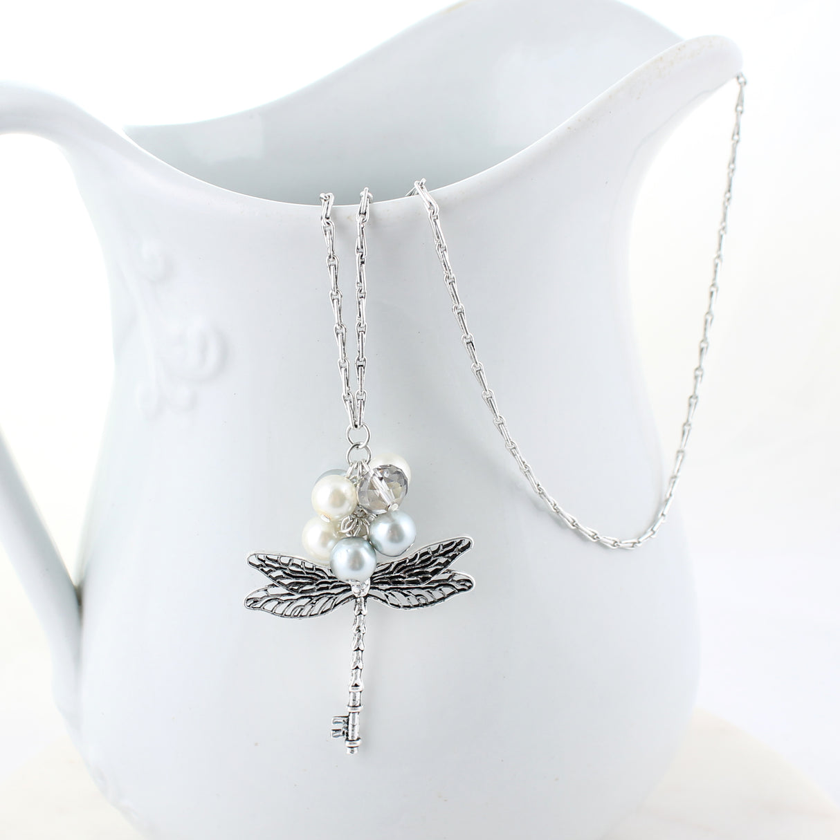 34" Silver & Pearl Dragonfly Key Necklace