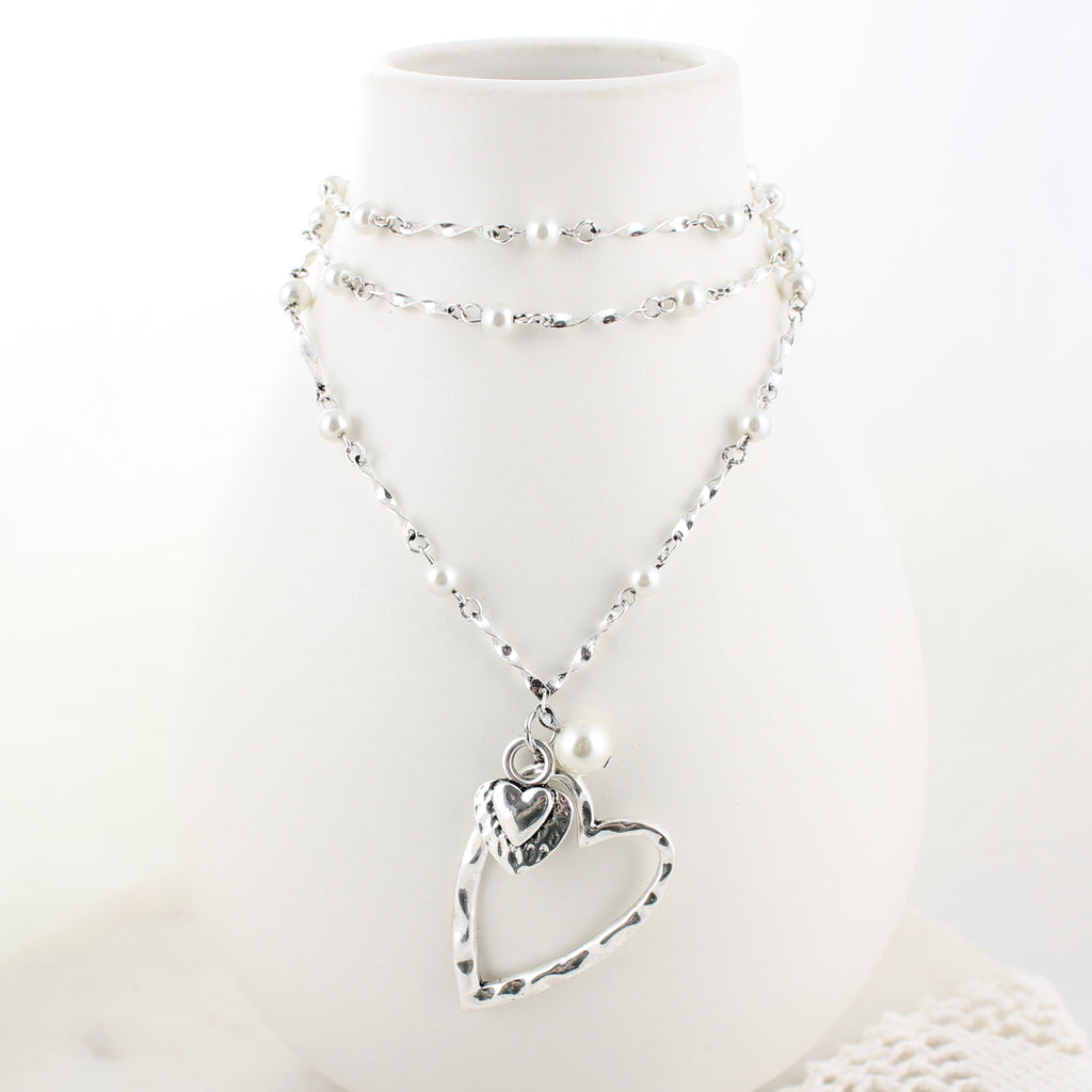 35" Silver Heart & Pearl Necklace
