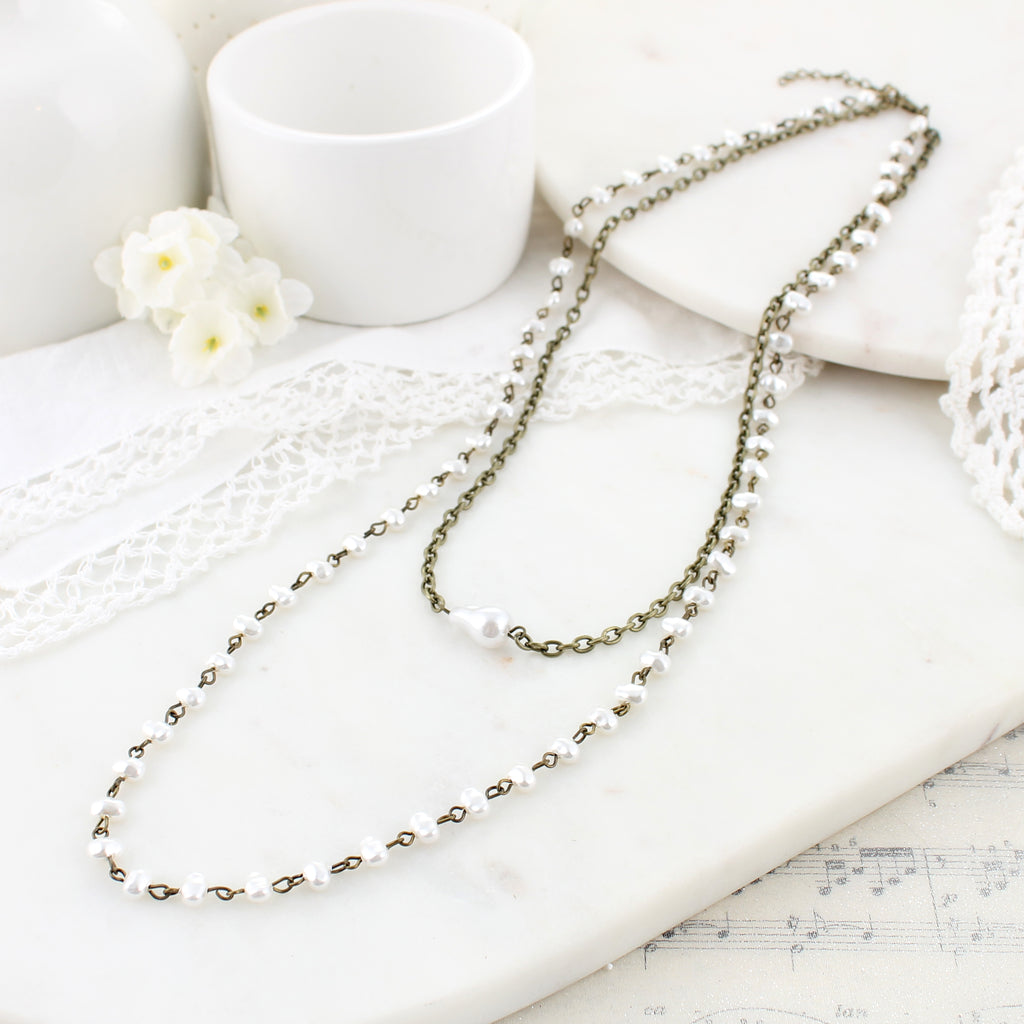 21/28" Vintage Finish & Pearl Double Layer Necklace